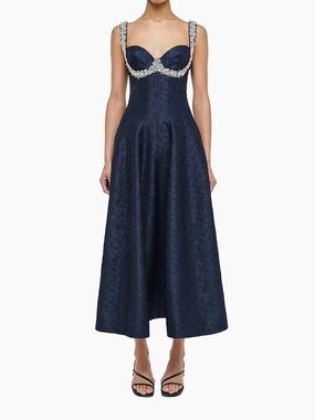 Simkhai Charlotte Navy Midi Dress with Crystal-Embellished Straps